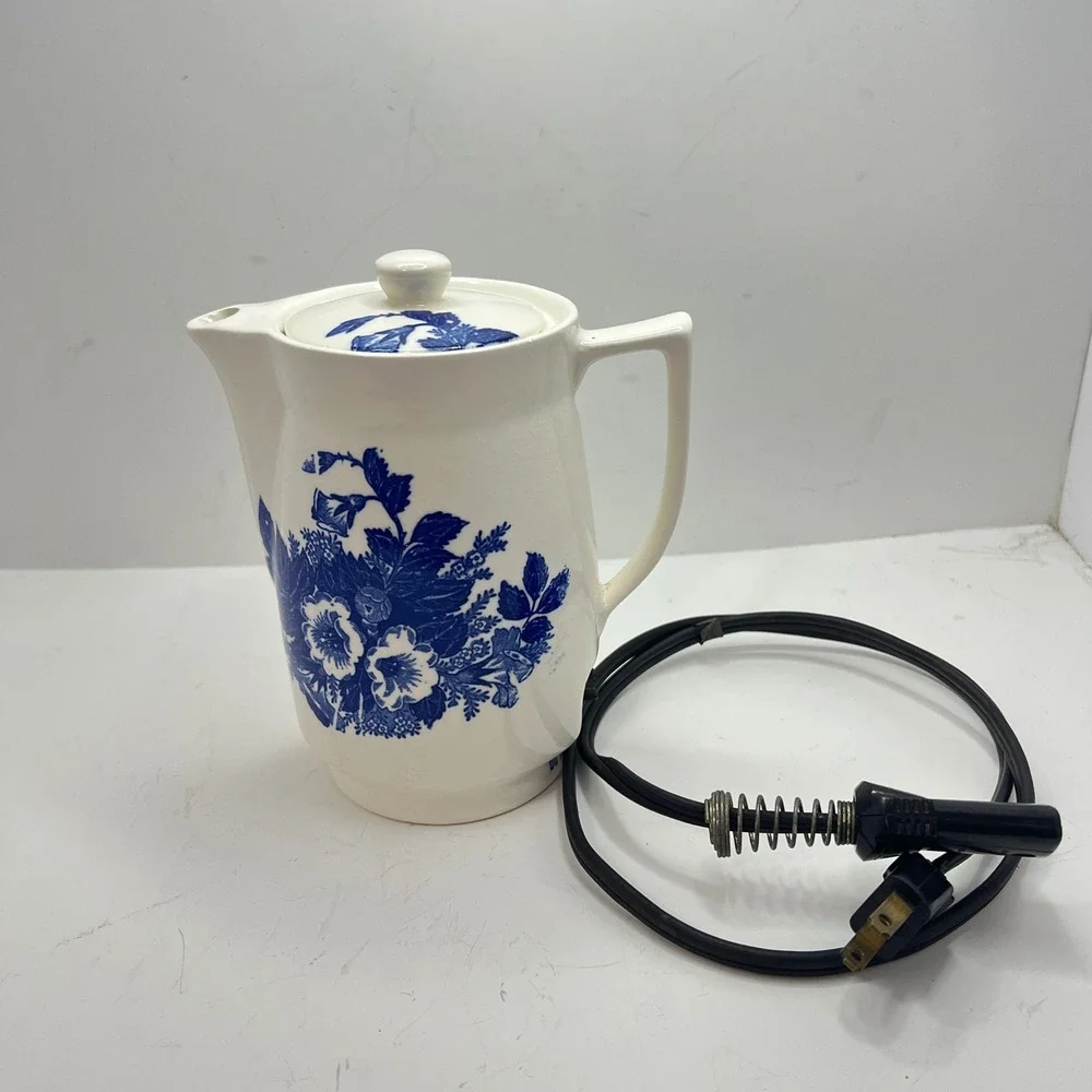Vintage Japan Ceramic White Blue‎ Floral Electric Kettle 120V 350W With Cord
